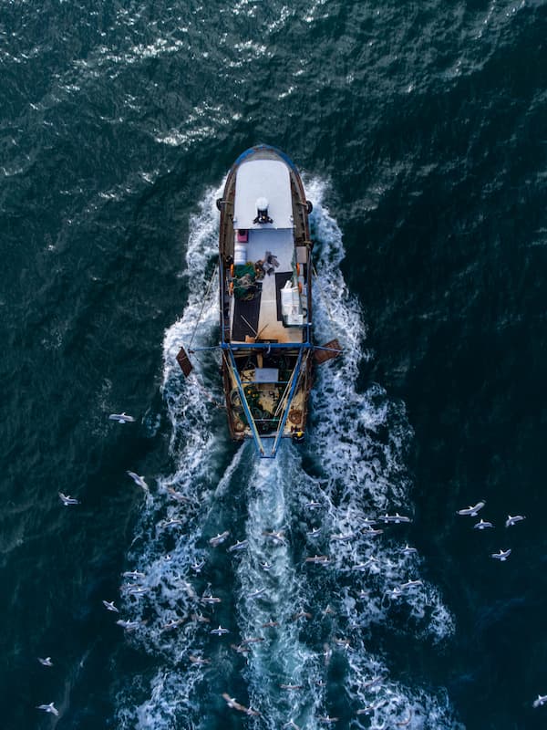 top view of fishing vessel working at sea